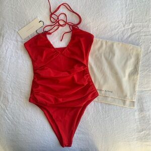 NWT Magda Butrym Cut Out Halter Neck Ruched One Piece Swim Suit Tomato Red